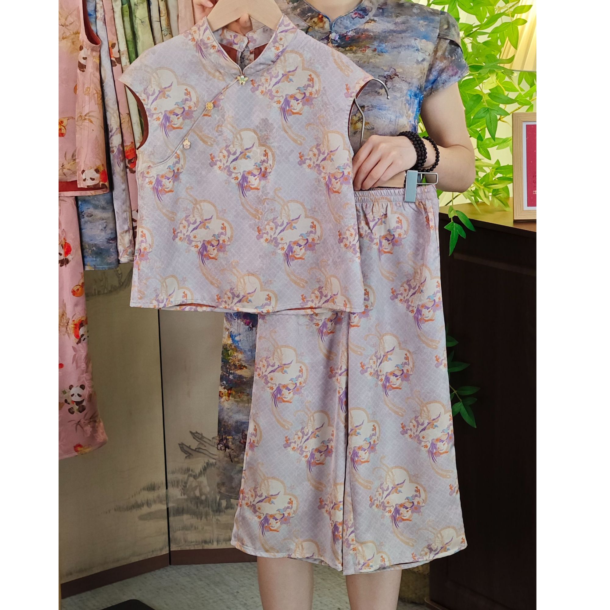 面料清仓【雀影】女童木薯丝套装九分裤套装女宝夏天衣服国风新中式