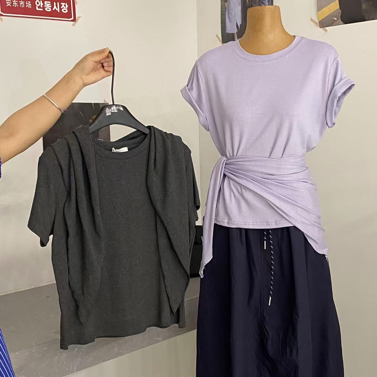 【ARONG阿荣家】披肩短袖T恤03196-灰色紫色-F