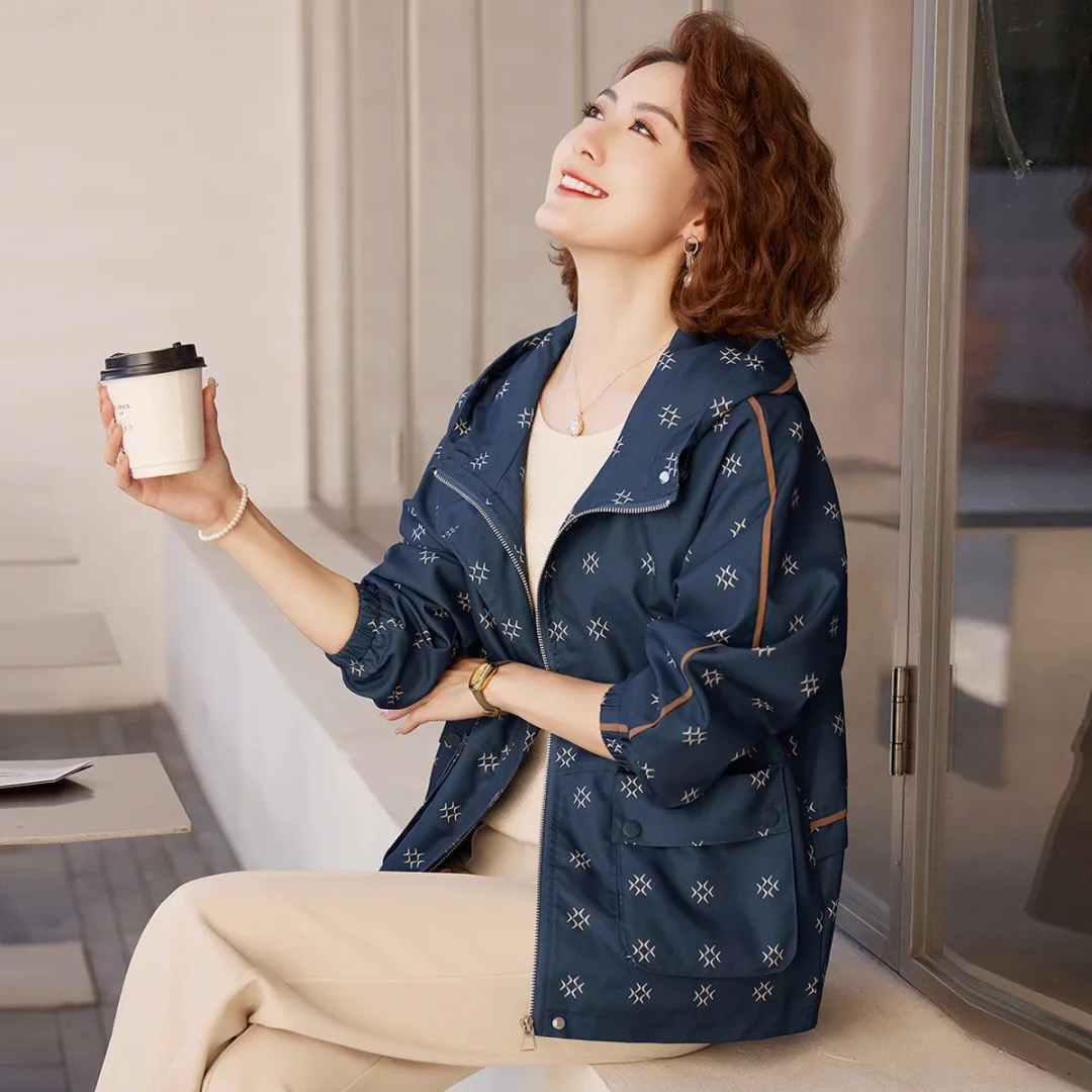 撞色印花连帽风衣宽松设计休闲百搭外套潮流夹克