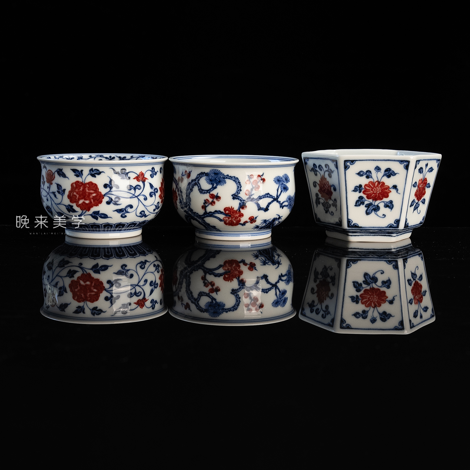 逸君堂青花釉里红缠枝花卉松竹梅主人杯景德镇纯手工手绘高端茶杯