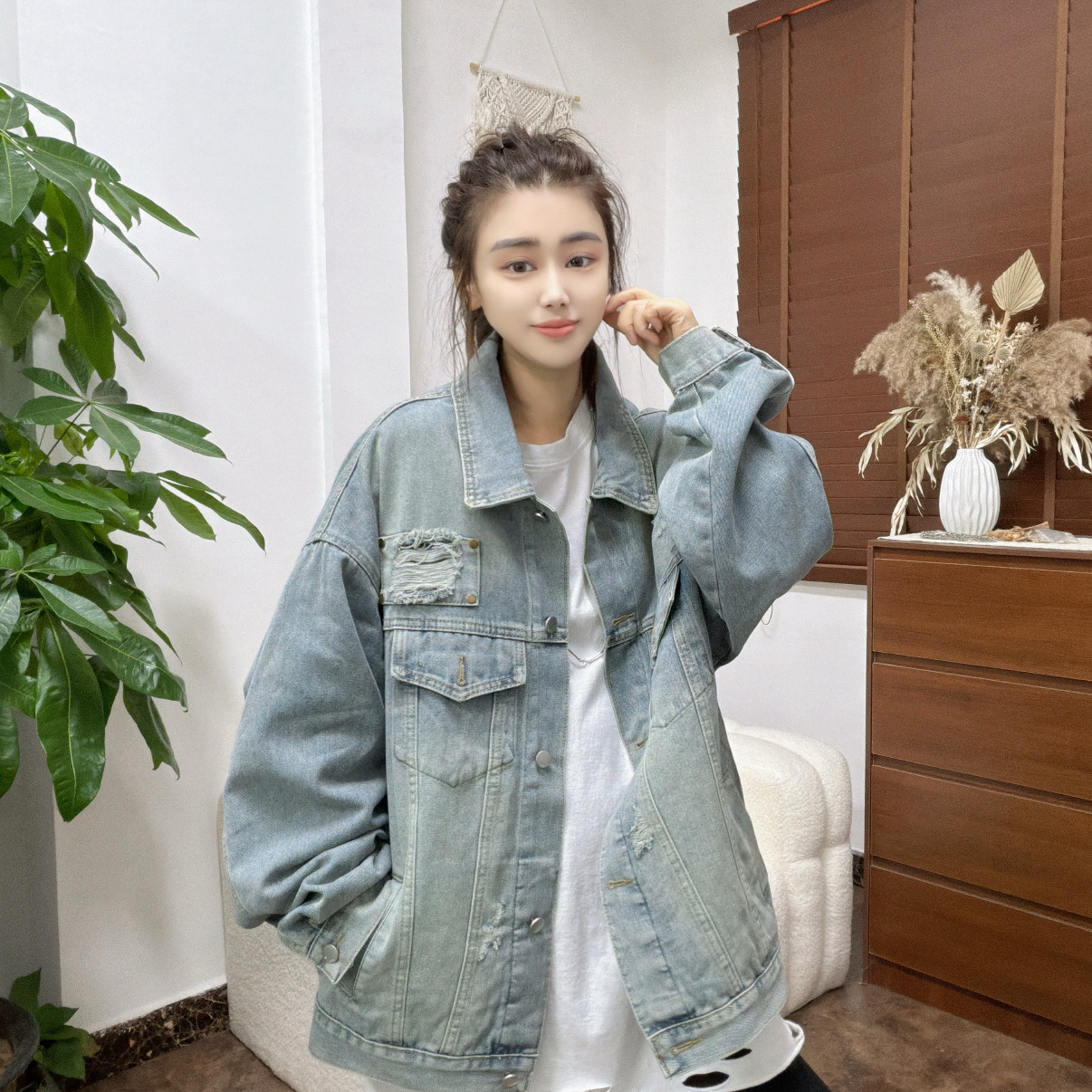 LU/鹿儿Y8809大版宽松做旧复古百搭简约休闲时尚洋气韩版牛仔外套