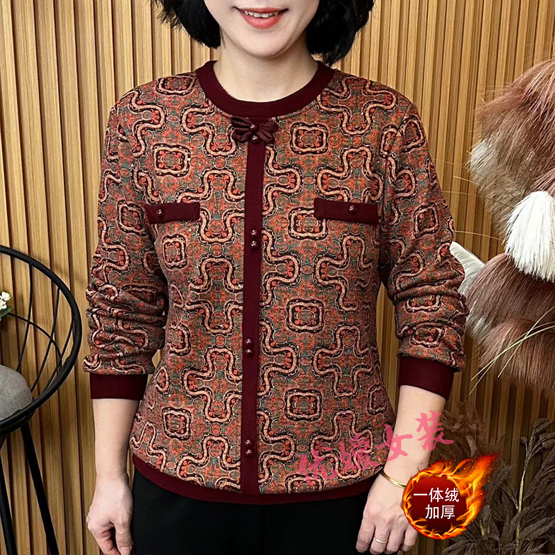 中老年女装冬季时尚圆领加绒保暖显瘦百搭洋气妈妈装长袖上衣