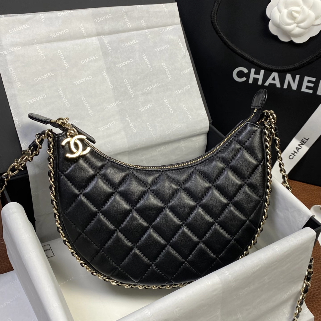 99新 Chanel/香奈儿 23p月亮包 hobo黑色羊皮单肩包 芯片款18958