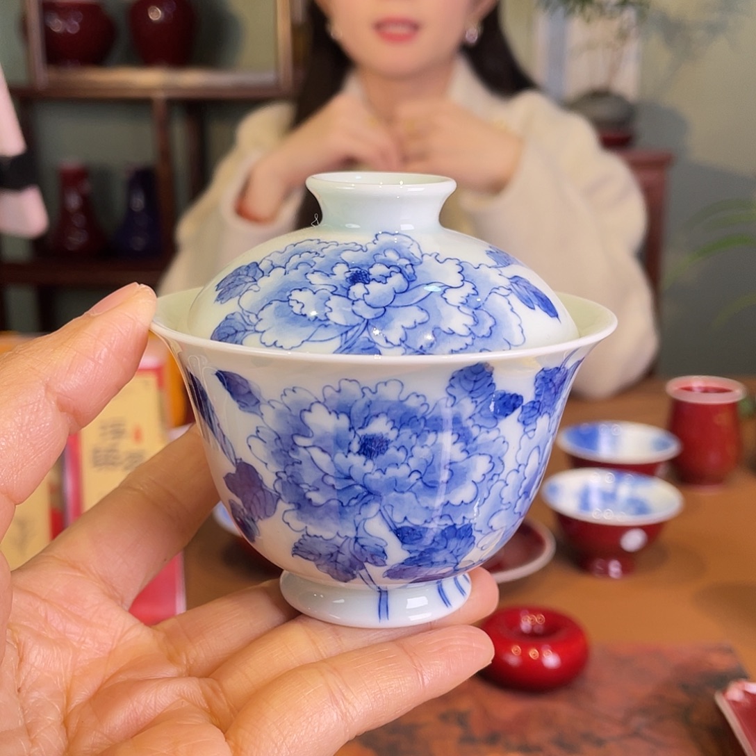 清欢雅玩原矿柴窑牡丹花盖碗