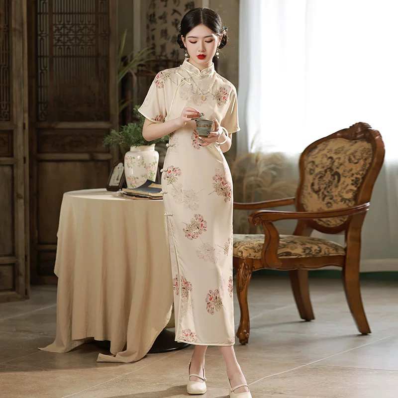 1222-全开襟 改良 （杏雨梨花 ）旗袍