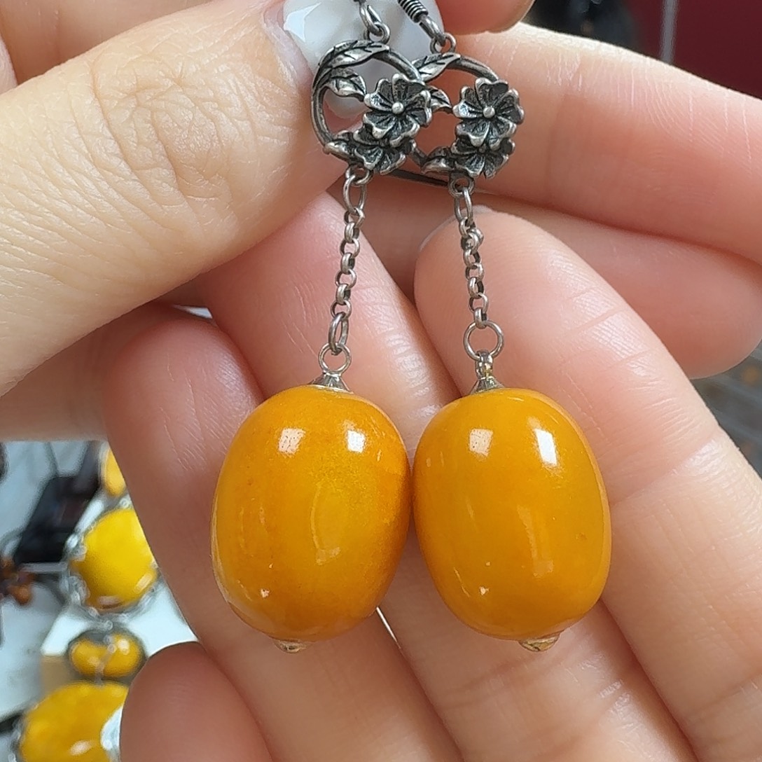 蜜蜡银S925镶嵌耳饰耳坠（微瑕）