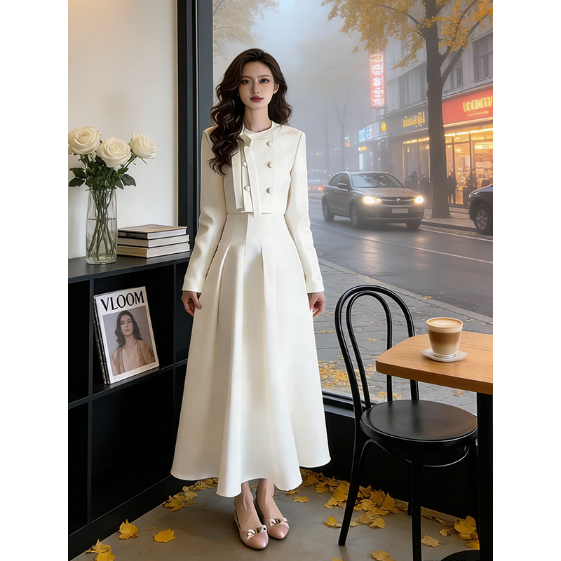 千金大小姐两件套装女2025冬季新款蝴蝶结长袖外套高腰显瘦半身裙