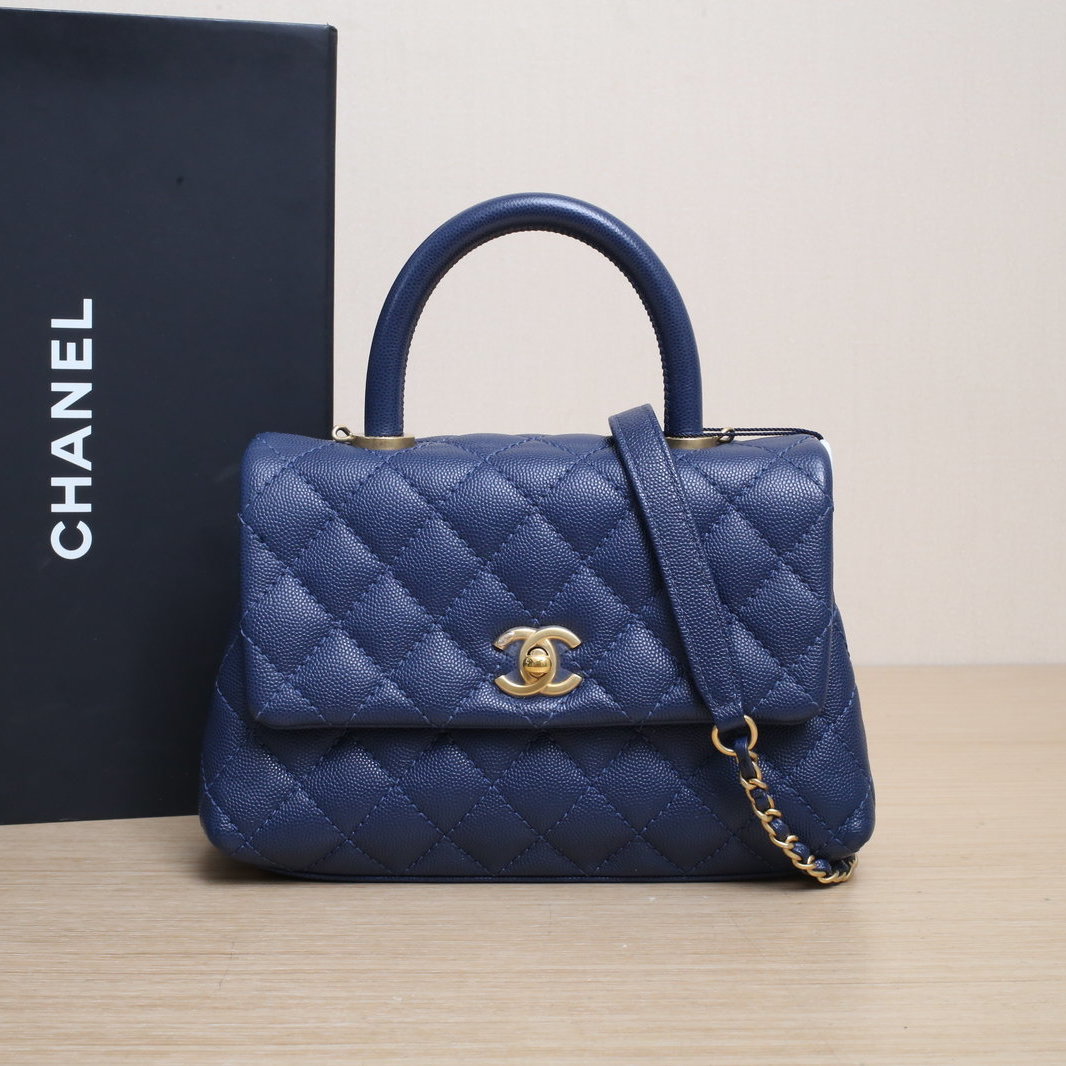 95新 Chanel/香奈儿 【黑黑】Coco Handle 小号 蓝色 25开 金扣 