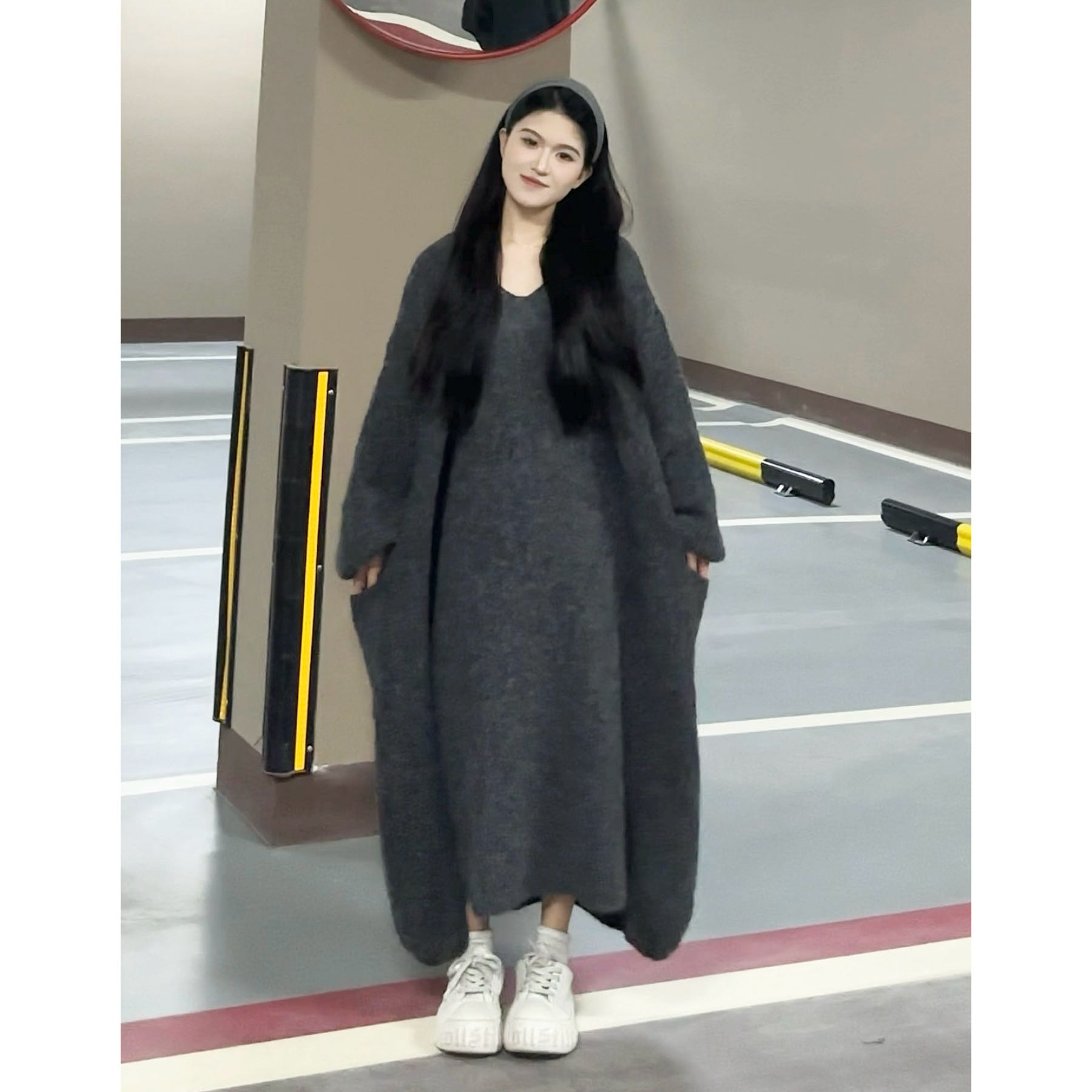 YOO[慵懒风]大袖子针织毛衣开衫长背心两件套一