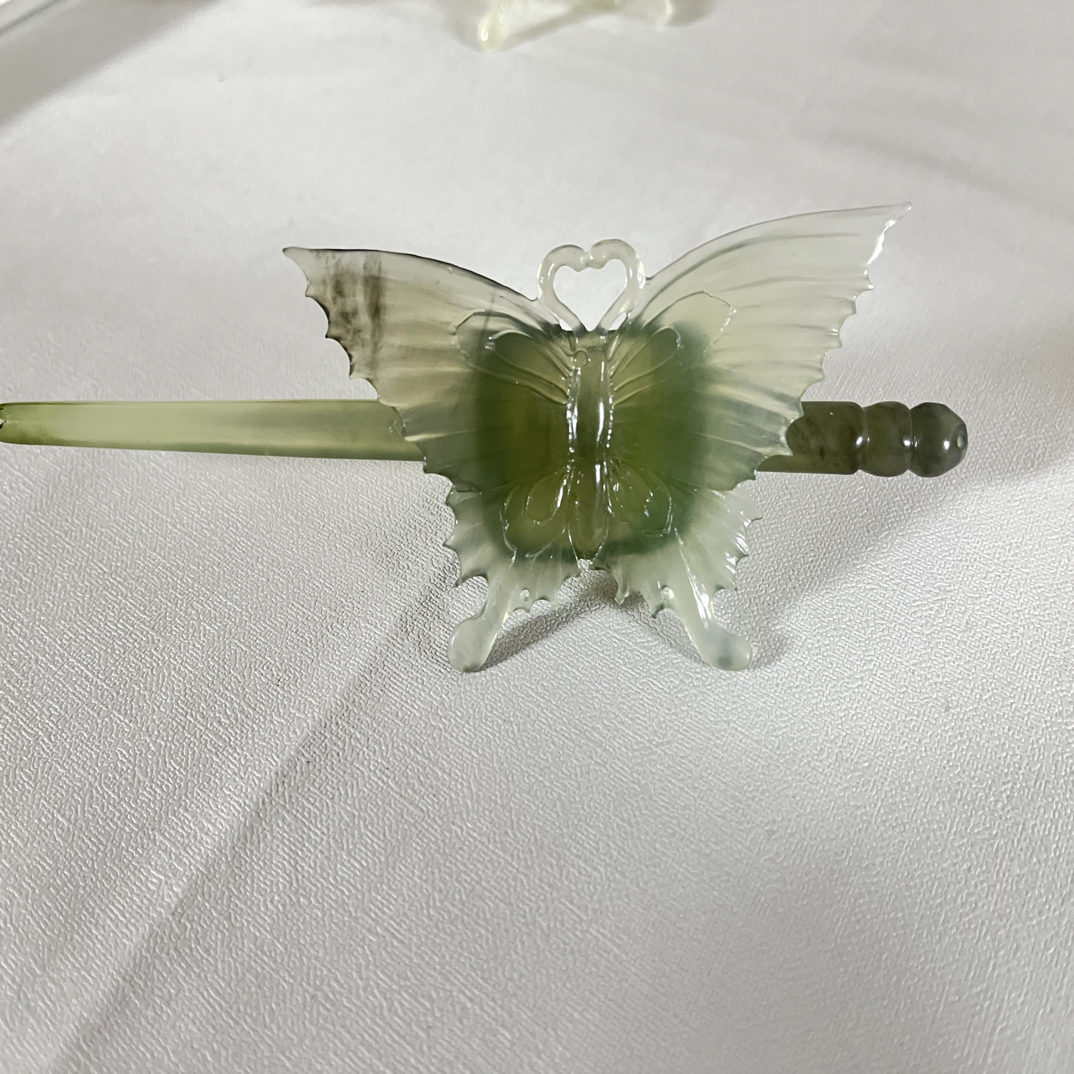 岫玉烟紫灰冰蝴蝶后压发簪