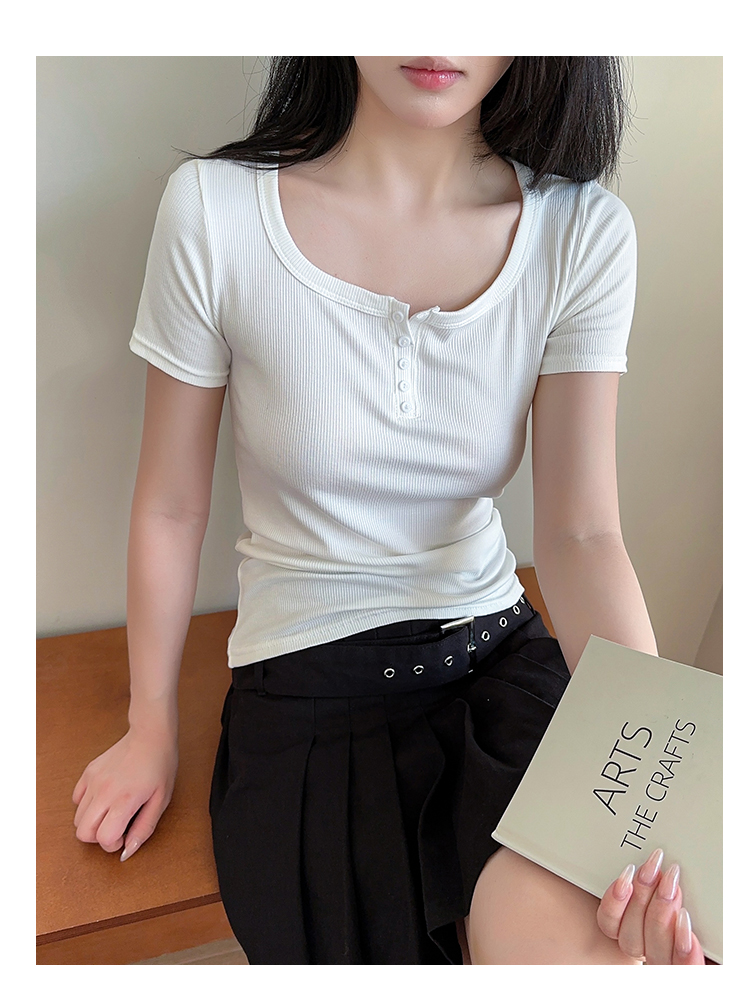 【袁圆专属】温柔风正肩U领短袖t恤女夏新款修身显瘦打底上衣8023