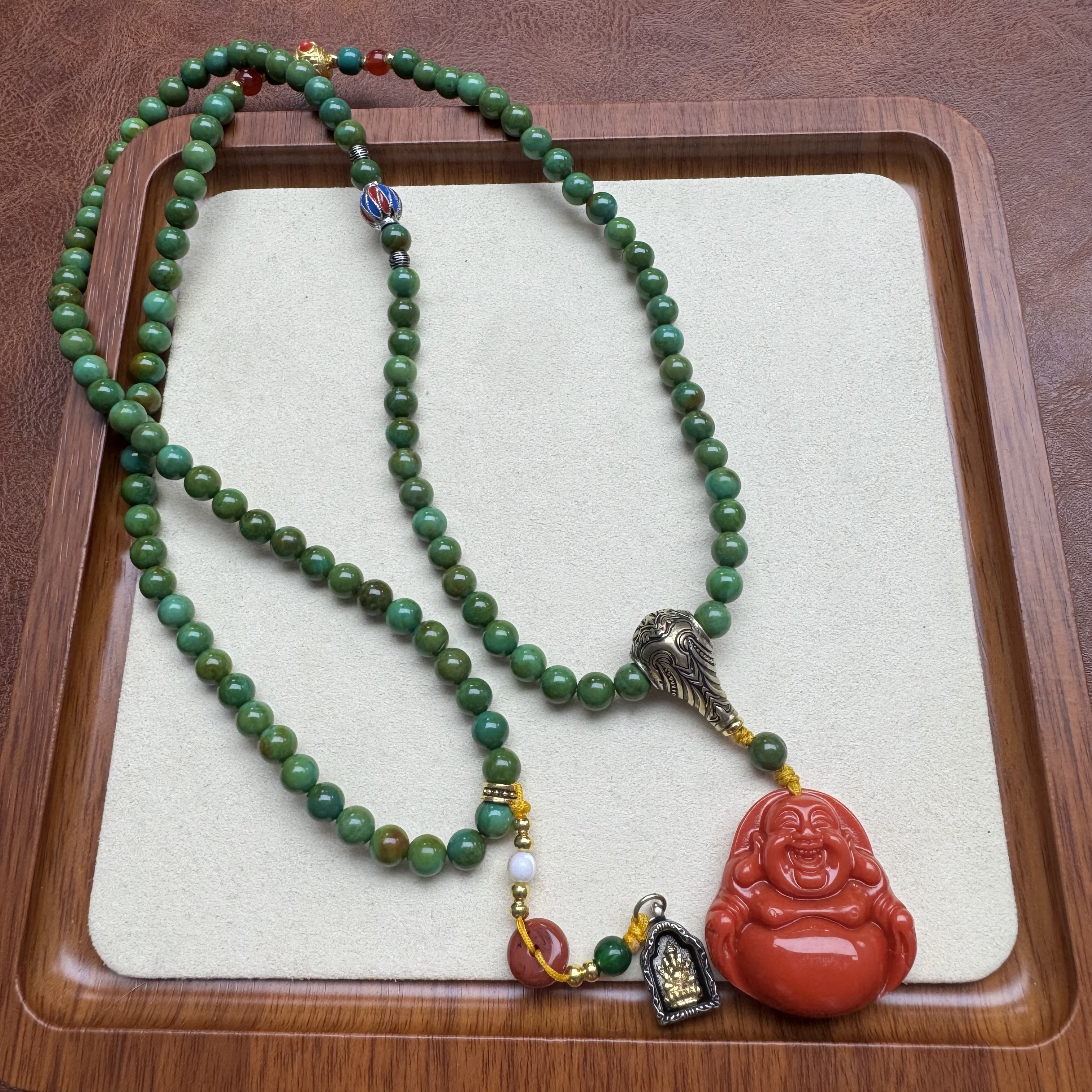 非金属珐琅项链 绿色松松 0.6mi佛公吊坠项链 V74