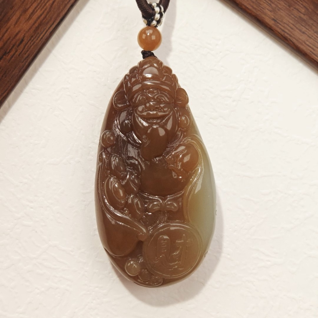 天然和田玉新疆且末糖老料财神纯手工雕刻玉石挂件男女款吊坠