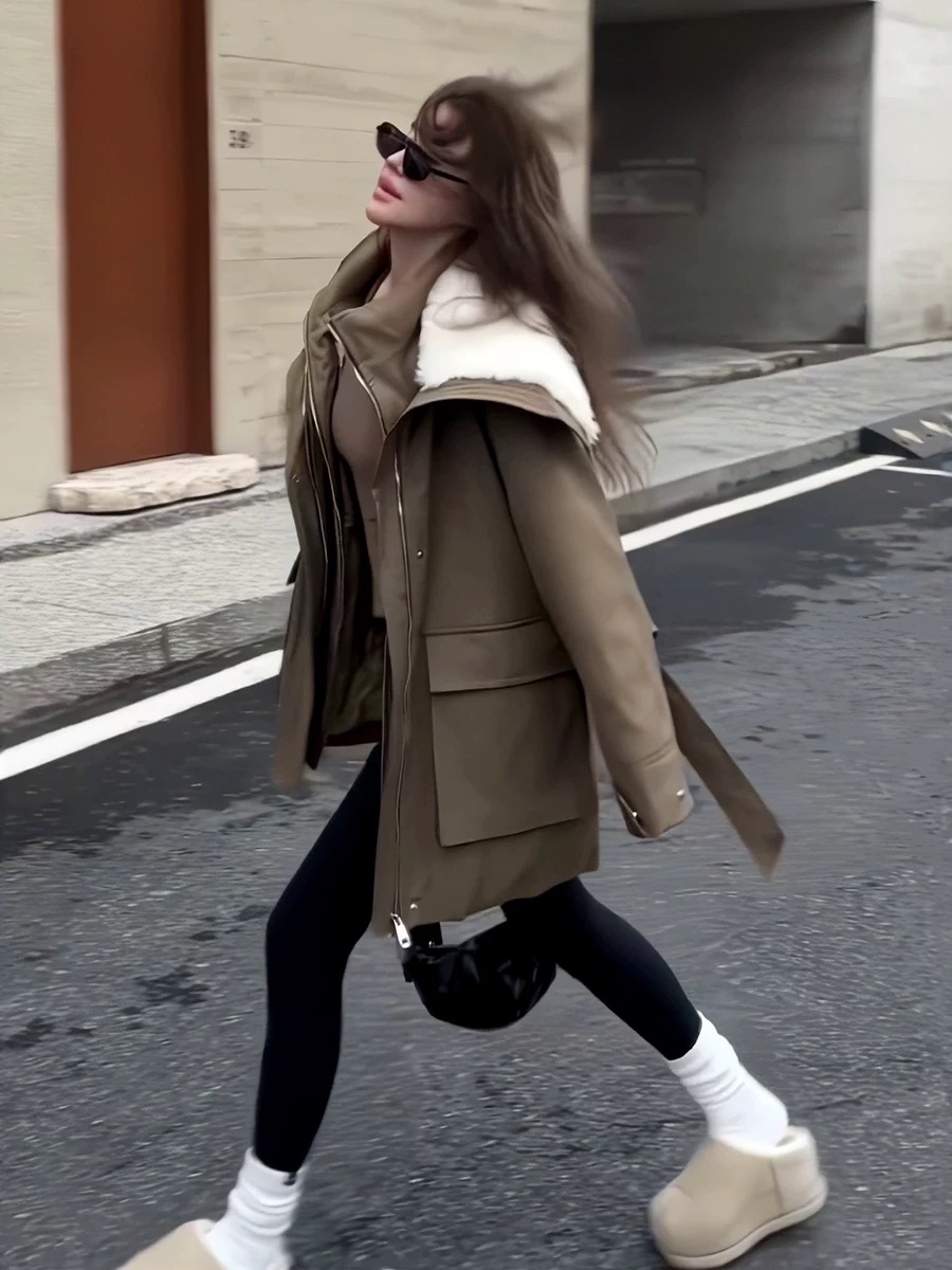 【YC】2024年冬季新款加厚加绒百搭派克大翻领假两件棉服外套