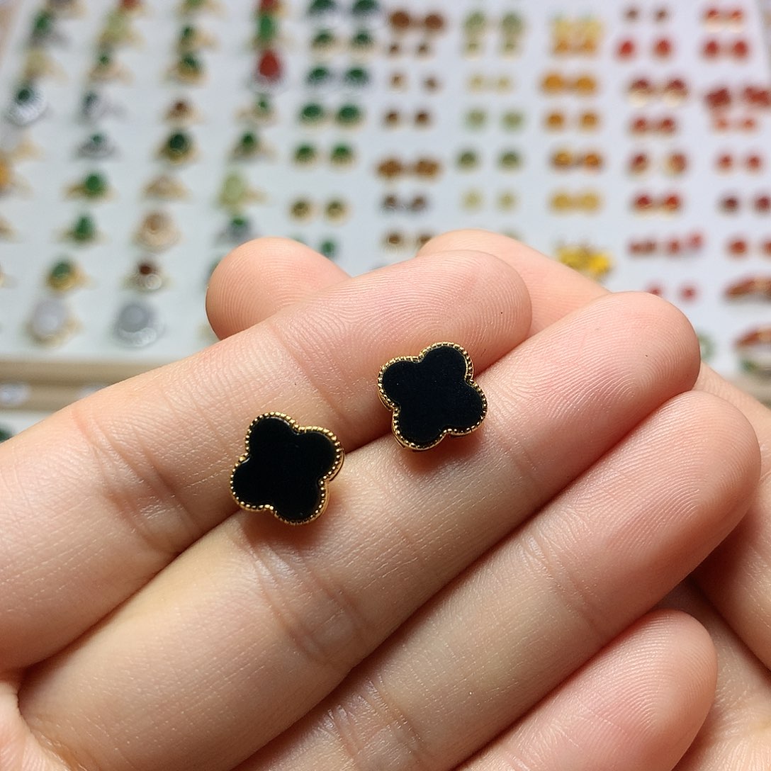 银S925镀金镶嵌和田玉（墨玉）耳饰大*王