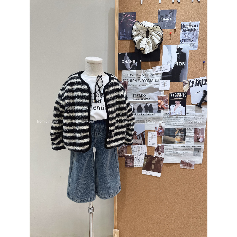 Bmy2025wt 女童2025冬季新款韩版条纹夹棉外套内搭加绒牛仔裤套装