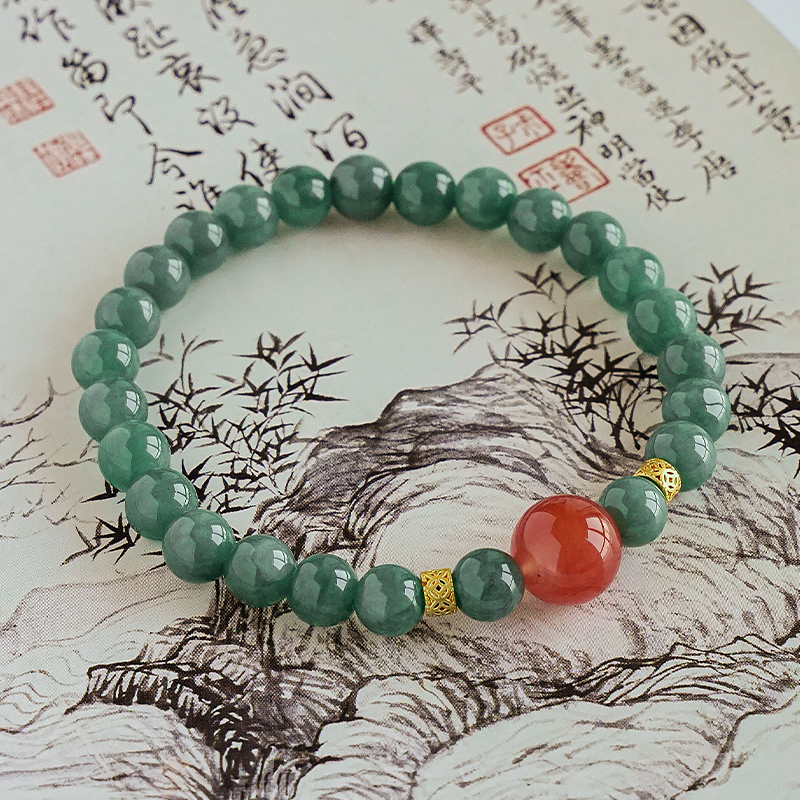 时尚百搭蓝水翡翠搭配南红单圈女款绿色手链多样性发一7677