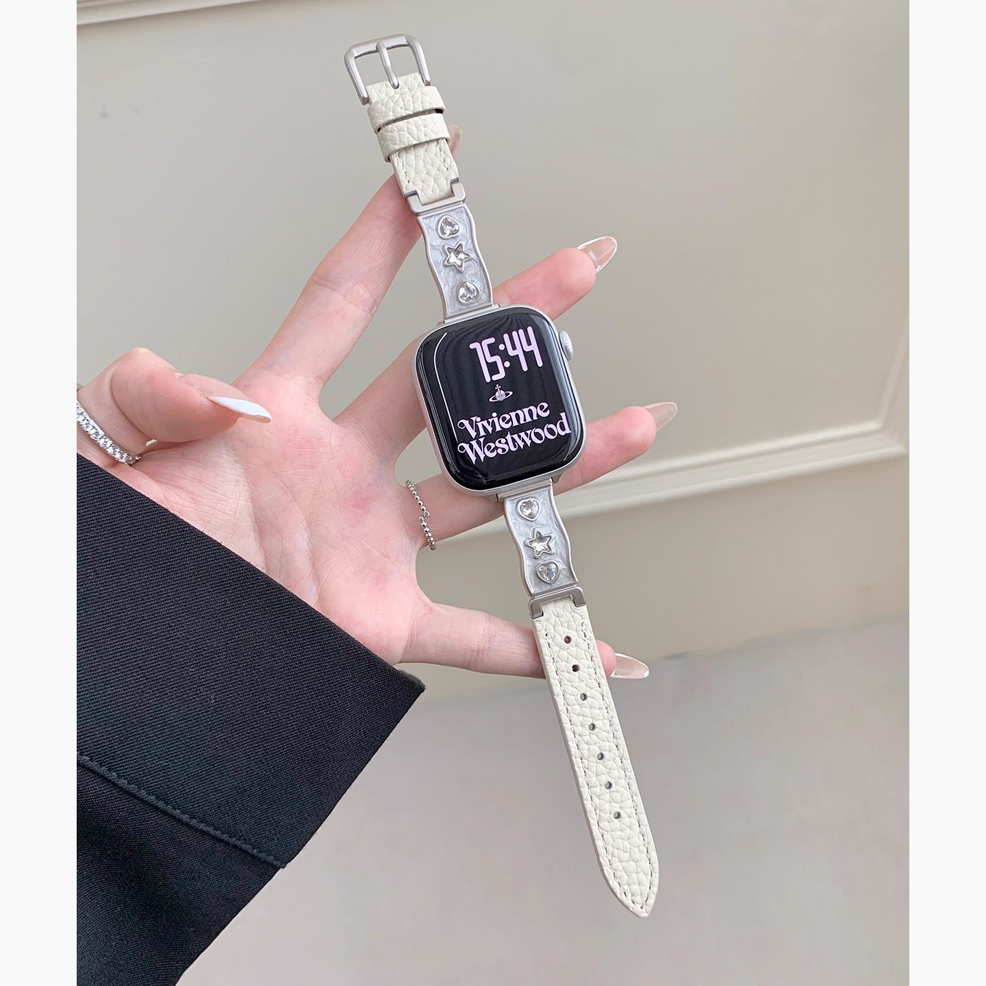 适用苹果iWatch表带星星镶钻拼荔枝纹真皮多系列适用AppleWatch