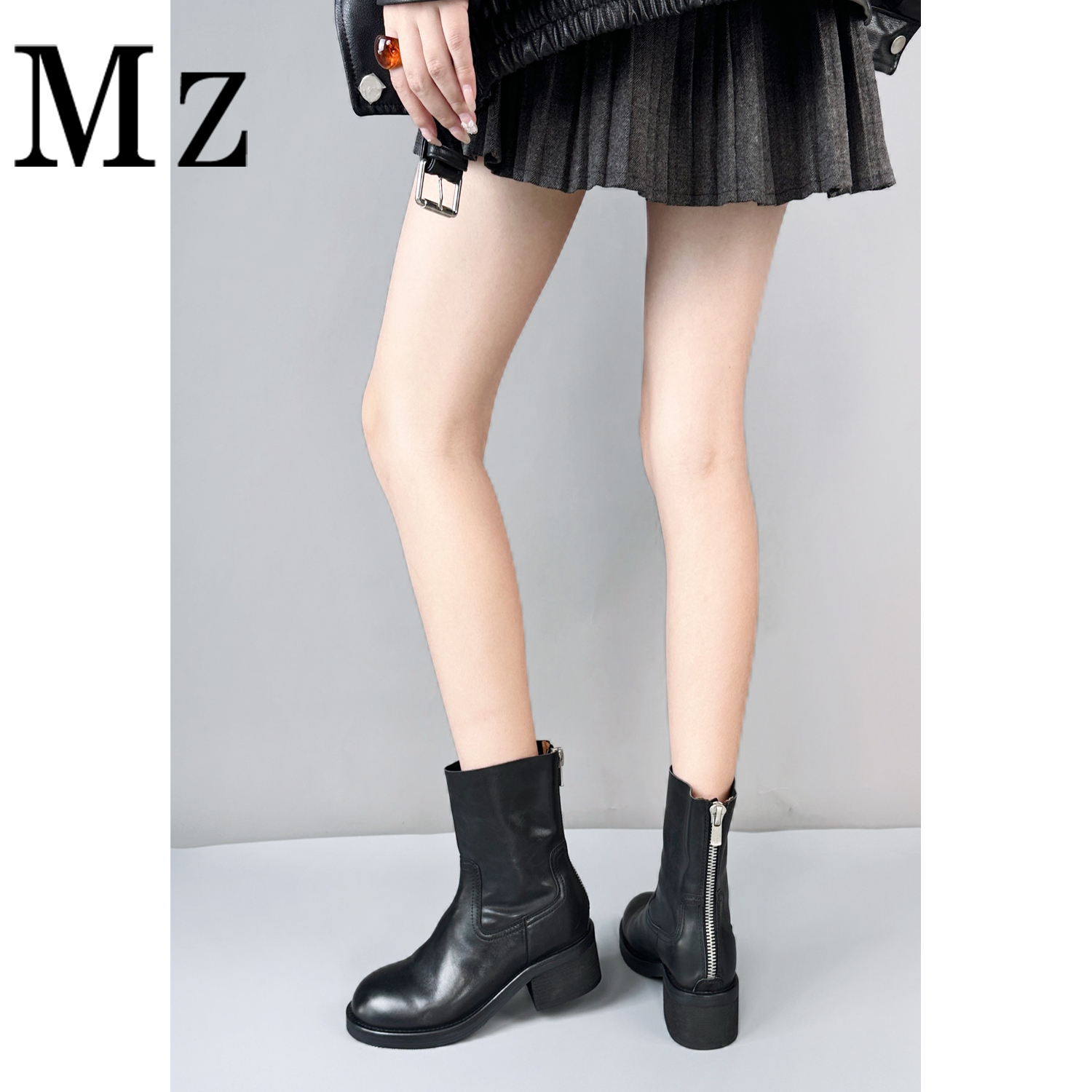 Mr.Zheng/5cm/后拉链短靴真皮粗跟高跟靴子圆头秋冬百搭骑士女靴