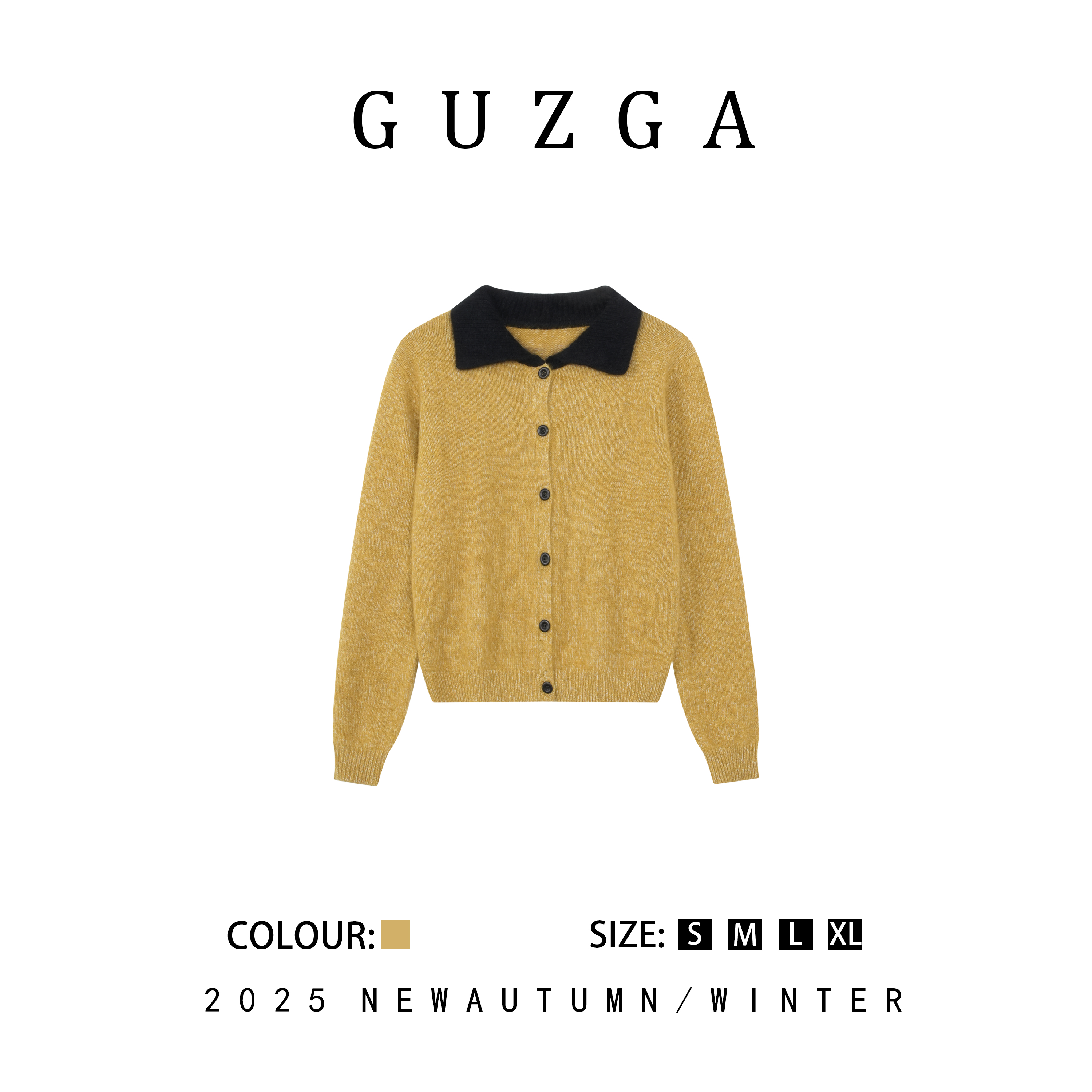 GUZGA【一代容华】2025秋季新款姜黄色撞色翻领针织开衫时尚百搭