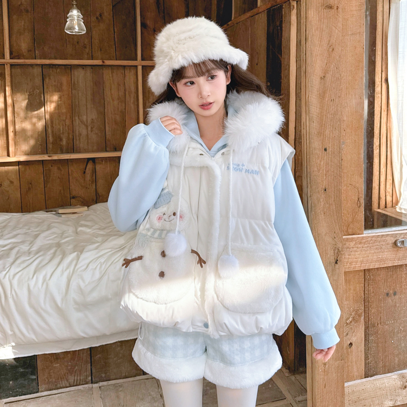 森女部落甜美风90白鸭绒卡通宽松马甲羽绒服女2025新款保暖外套冬