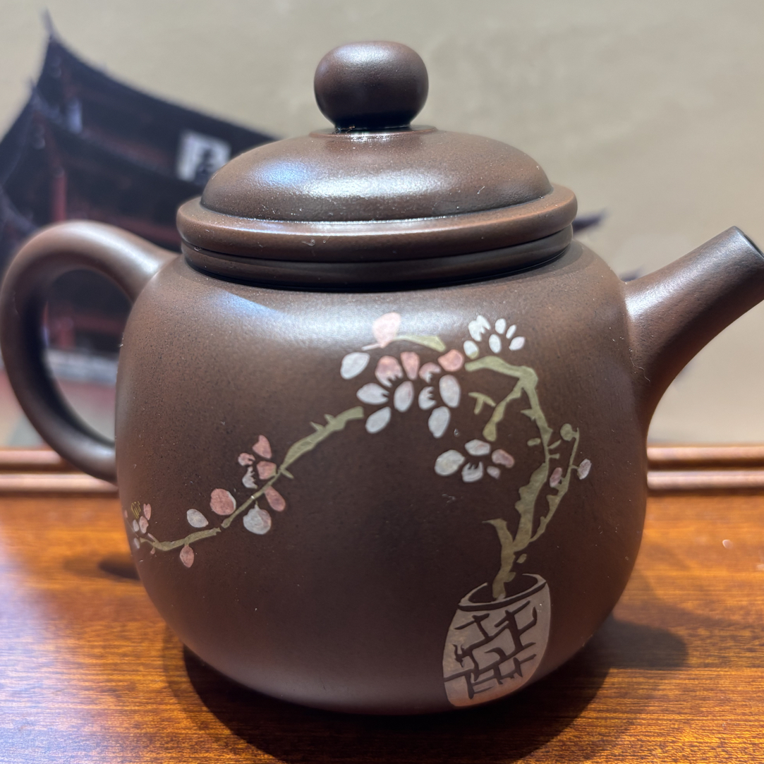 建水紫陶手工复烧刻填壶