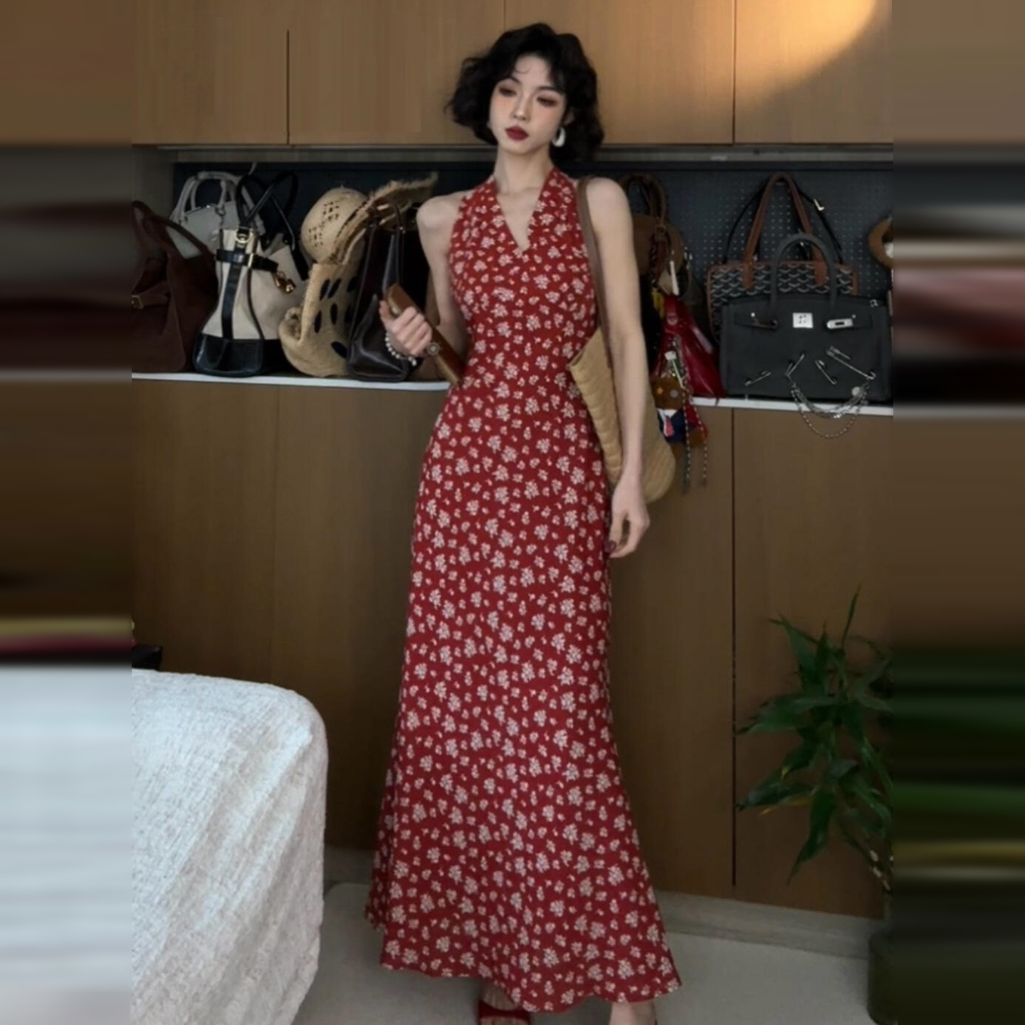 【清仓+运补5米】法式红色复古V领碎花挂脖连衣裙子女夏长裙5124