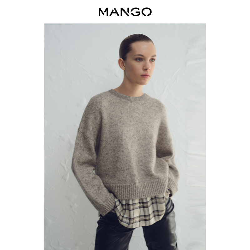 MANGO女装毛针织衫2025冬装新款休闲时髦印花衬衫式下摆套头毛衣