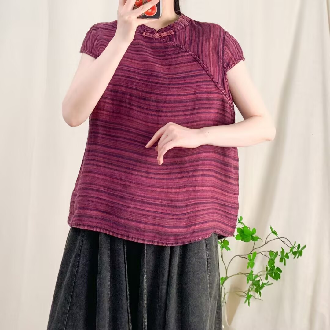 2025夏季文艺复古斜襟立领盘扣亚麻炒色短袖套头衬衫百搭上衣女