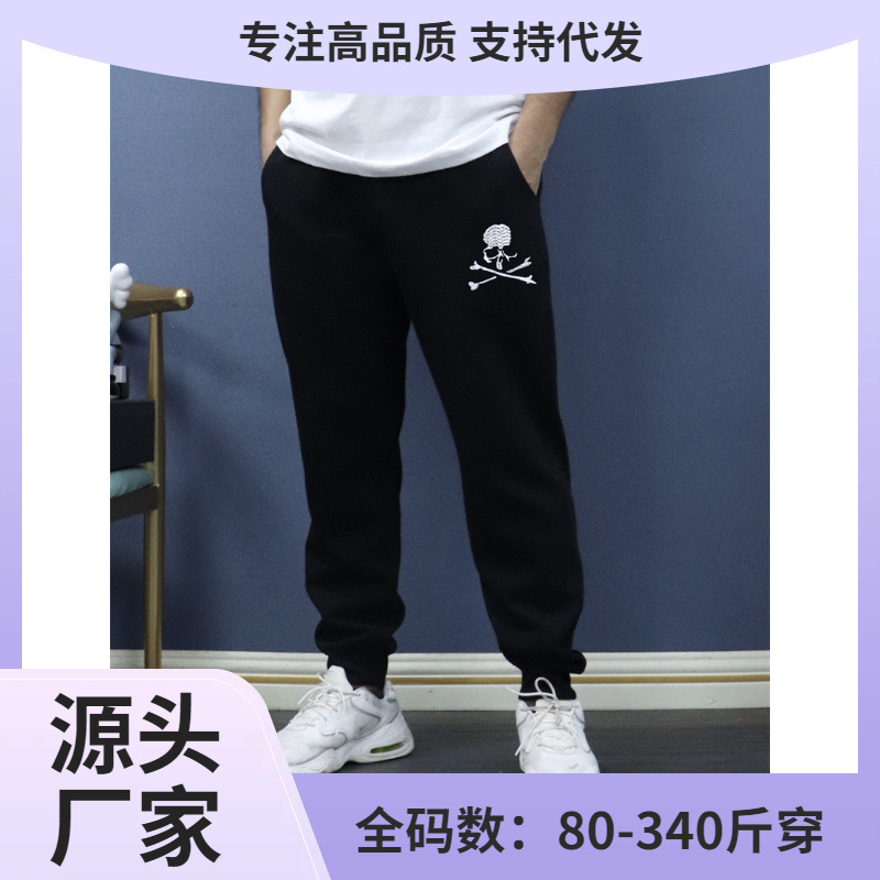 胖子340斤穿加肥加大码日韩街头刺绣骷髅头小标秋冬卫裤加绒加厚