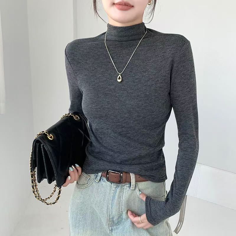 半高领打底衫女秋冬季保暖长袖t恤修身显瘦纯色百搭中领上衣