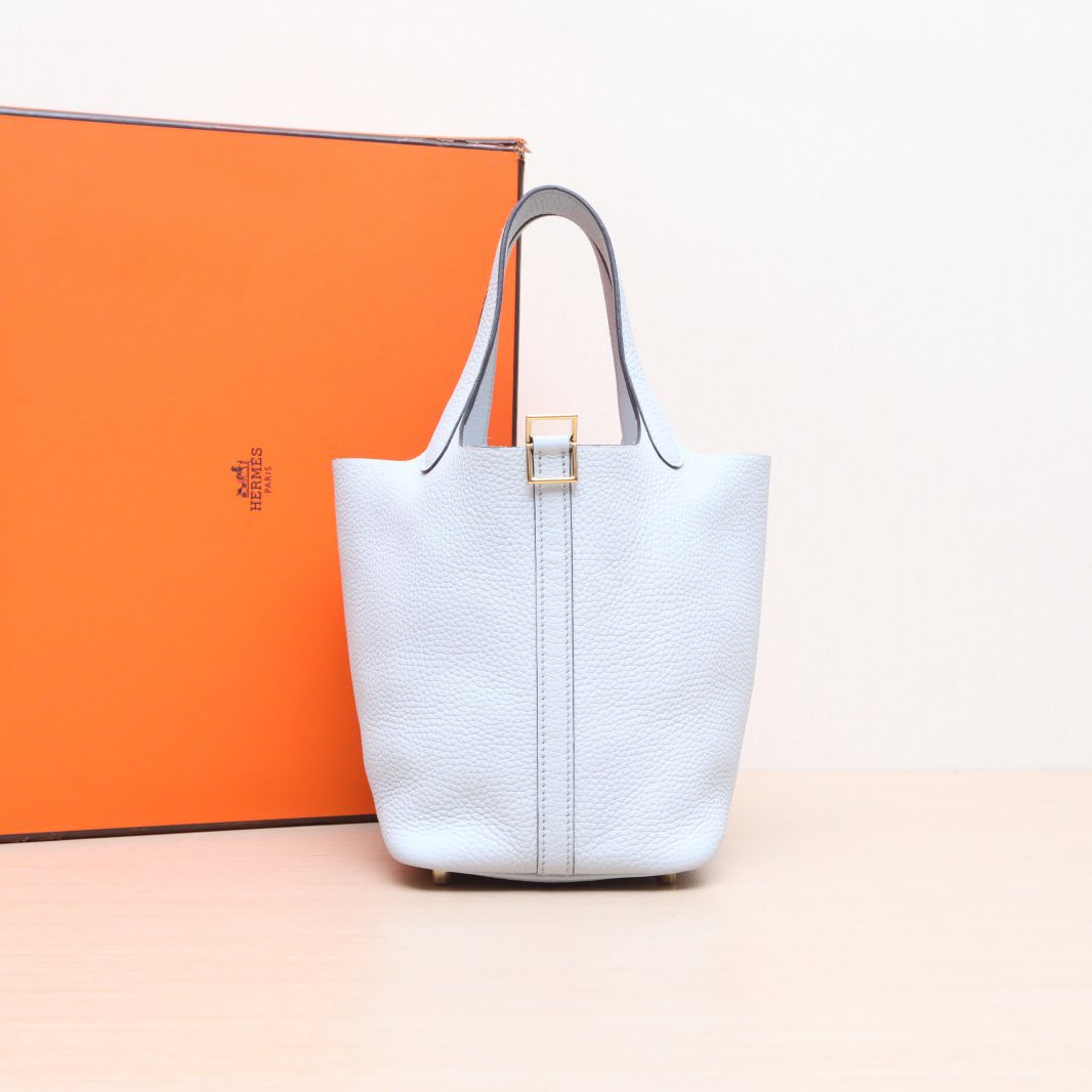 99新 Hermes/爱马仕 小花姑姑336907菜篮子18 08圣杯蓝 TC皮 U刻