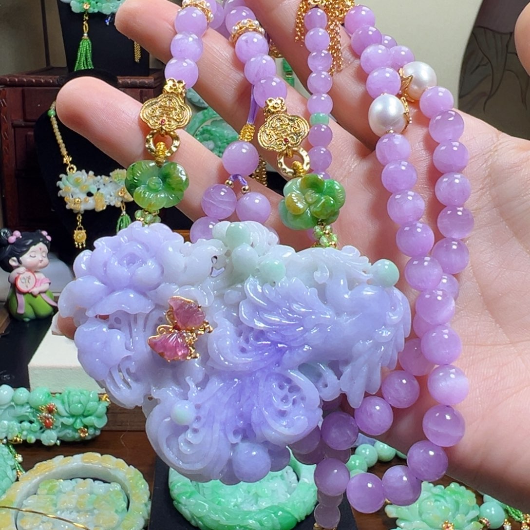 翡翠未镶嵌毛衣链浓紫额凤凰