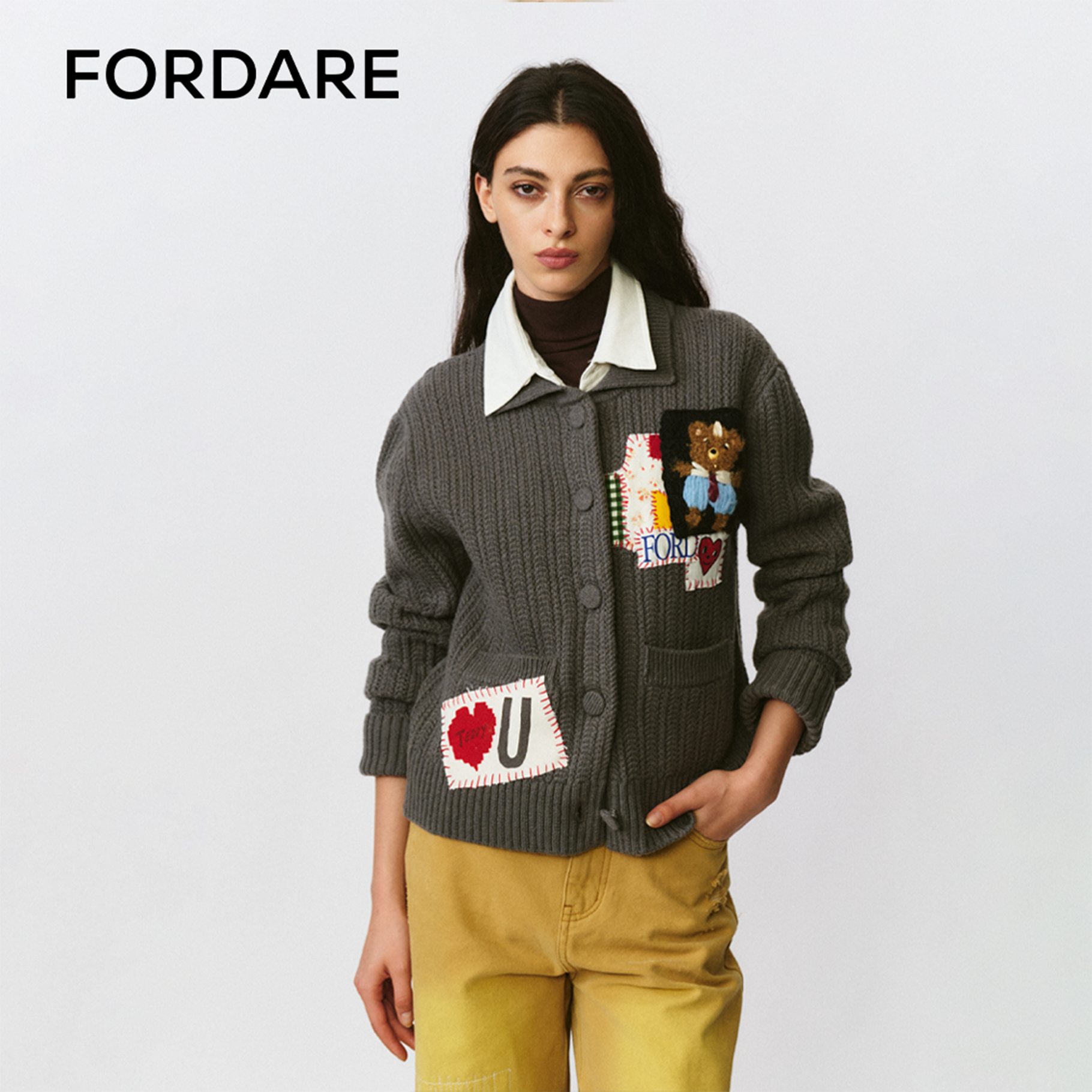 FORDARE福蝶 25冬季新品复古碎花拼布领带小熊毛开衫长袖时尚3509