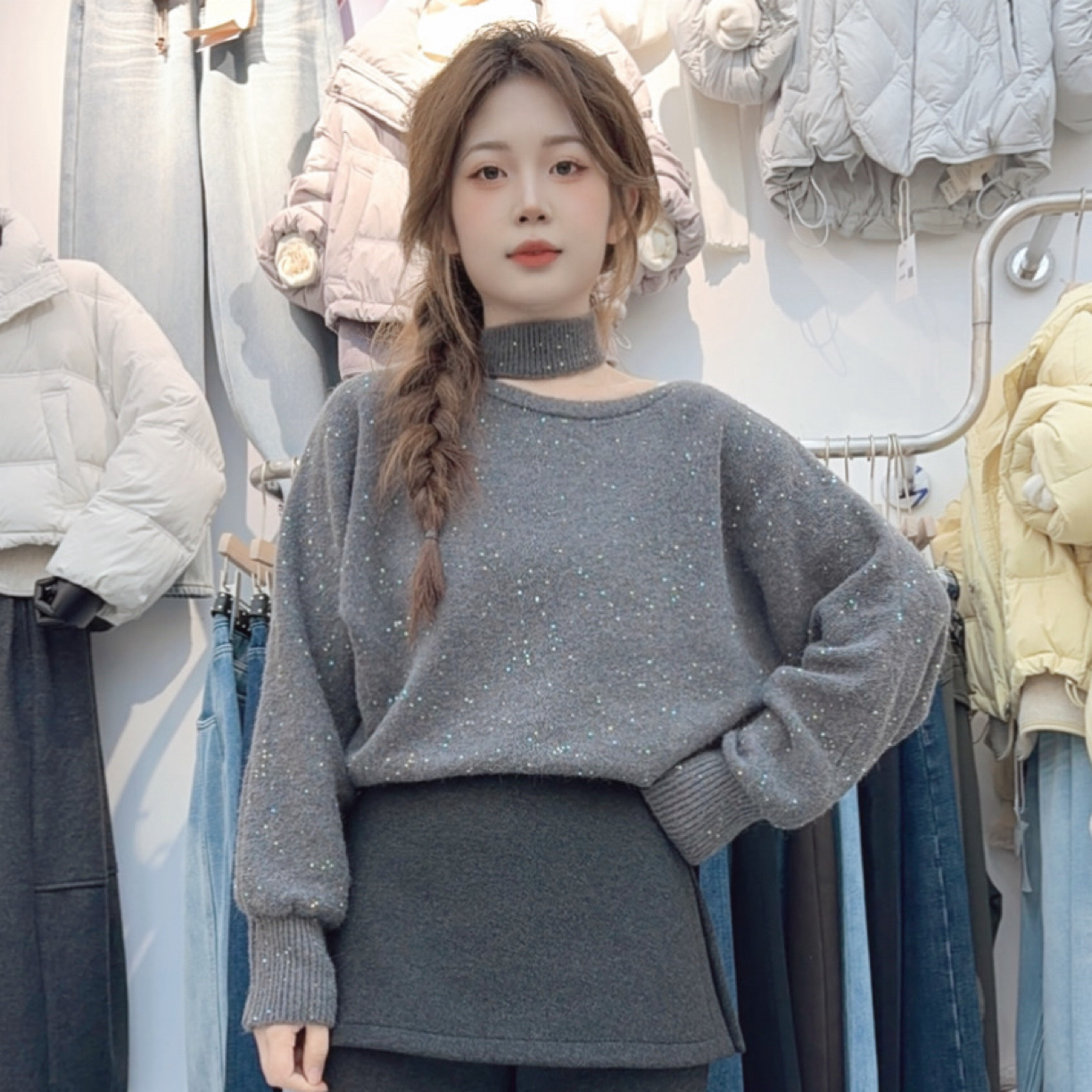 冬季新款【两姊妹家】韩系氛围感细闪挂脖斜肩毛衣百搭显瘦