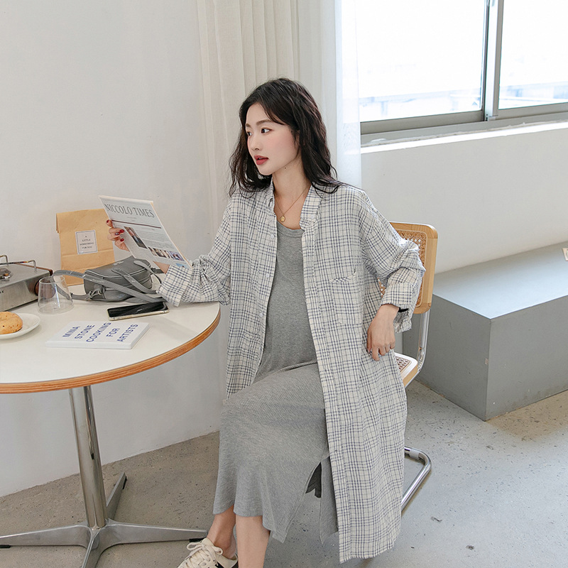 夏季孕妇装防晒格子衬衫韩版经典格纹翻领孕妇长款衬衫连衣裙