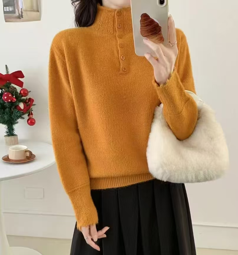 秋冬加厚款法式常规袖软糯毛针织衫女保暖提花拼接冬季6668