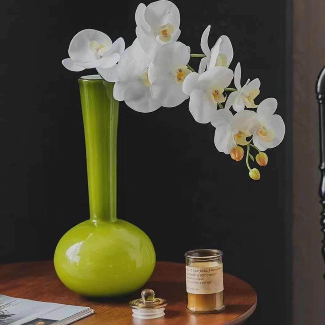 中古琉璃花瓶高级感绿色摆件桌面办公室干花花束客厅摆设