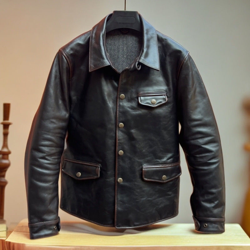 复古做旧茶芯真皮头层马皮男士司闸员翻领修身短款皮夹克外套