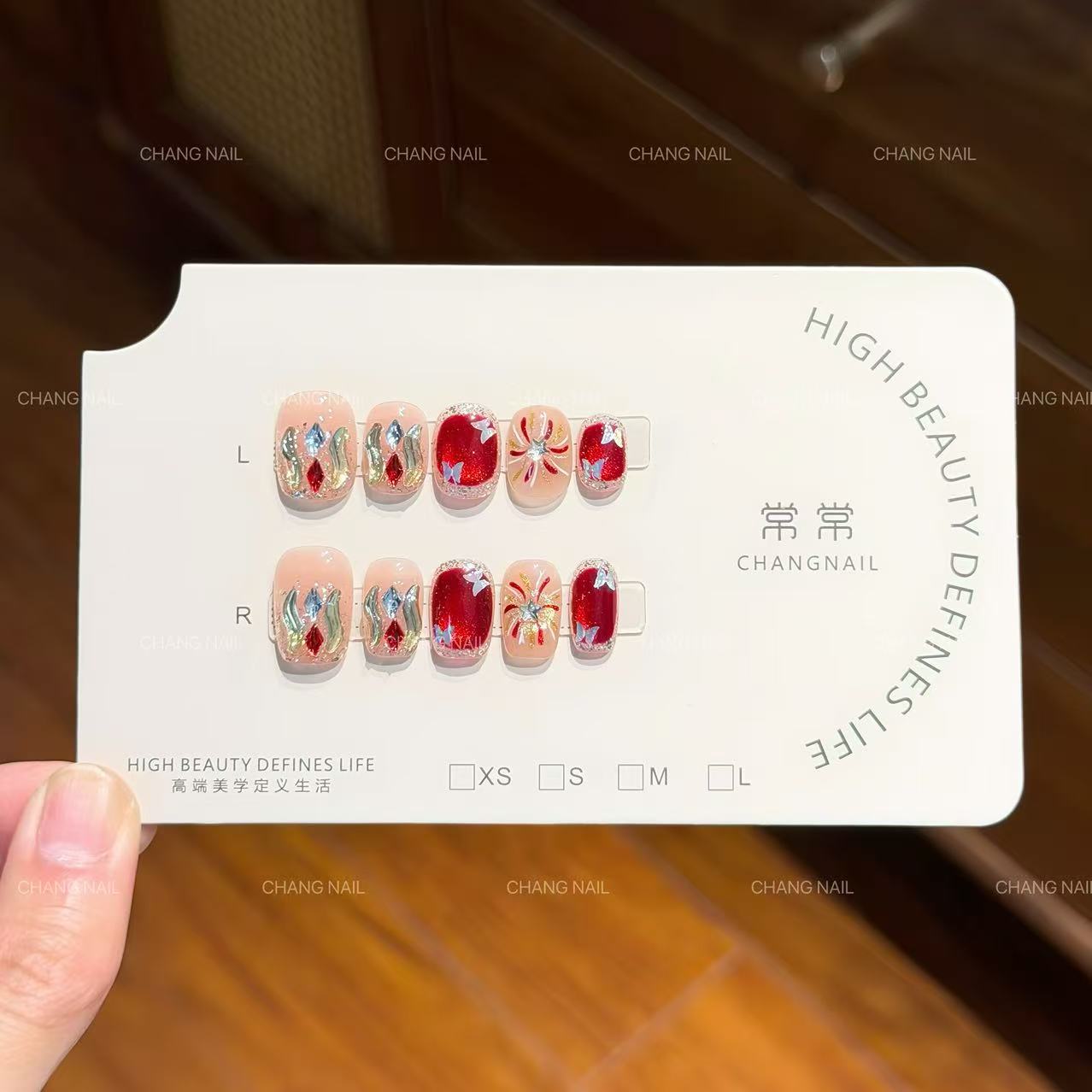 波尔多晚宴-Bordeaux-纯手工穿戴甲正红质感庆典烟花显白 10片装