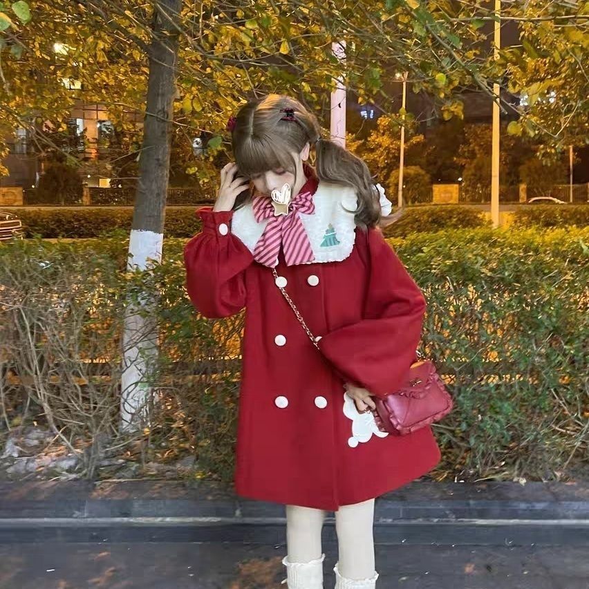 【实体店现货】星愿大衣圣诞节酒红色毛呢外套A字显白新年战袍