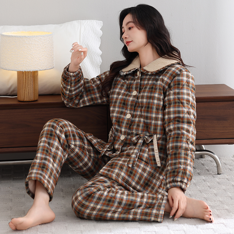 睡衣女款2025新款冬季三层加厚纯棉夹棉袄冬天加绒保暖家居服套装