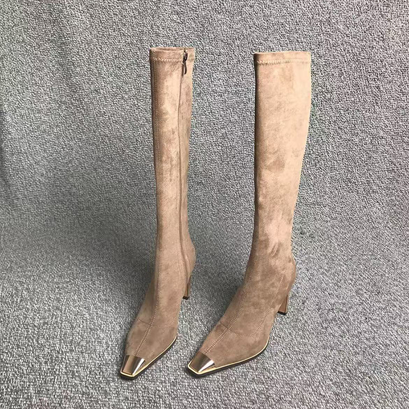 羊皮版~~超火网红弹力瘦瘦靴粗跟金属尖头不过膝高跟长筒靴袜靴