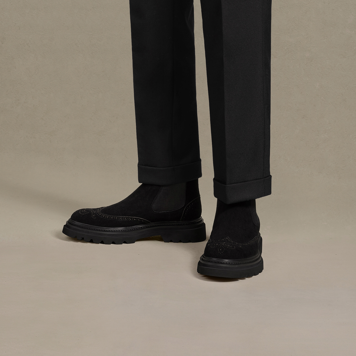 ThomWills厚底切尔西靴男布洛克翻毛皮增高短靴真皮马丁靴秋冬季