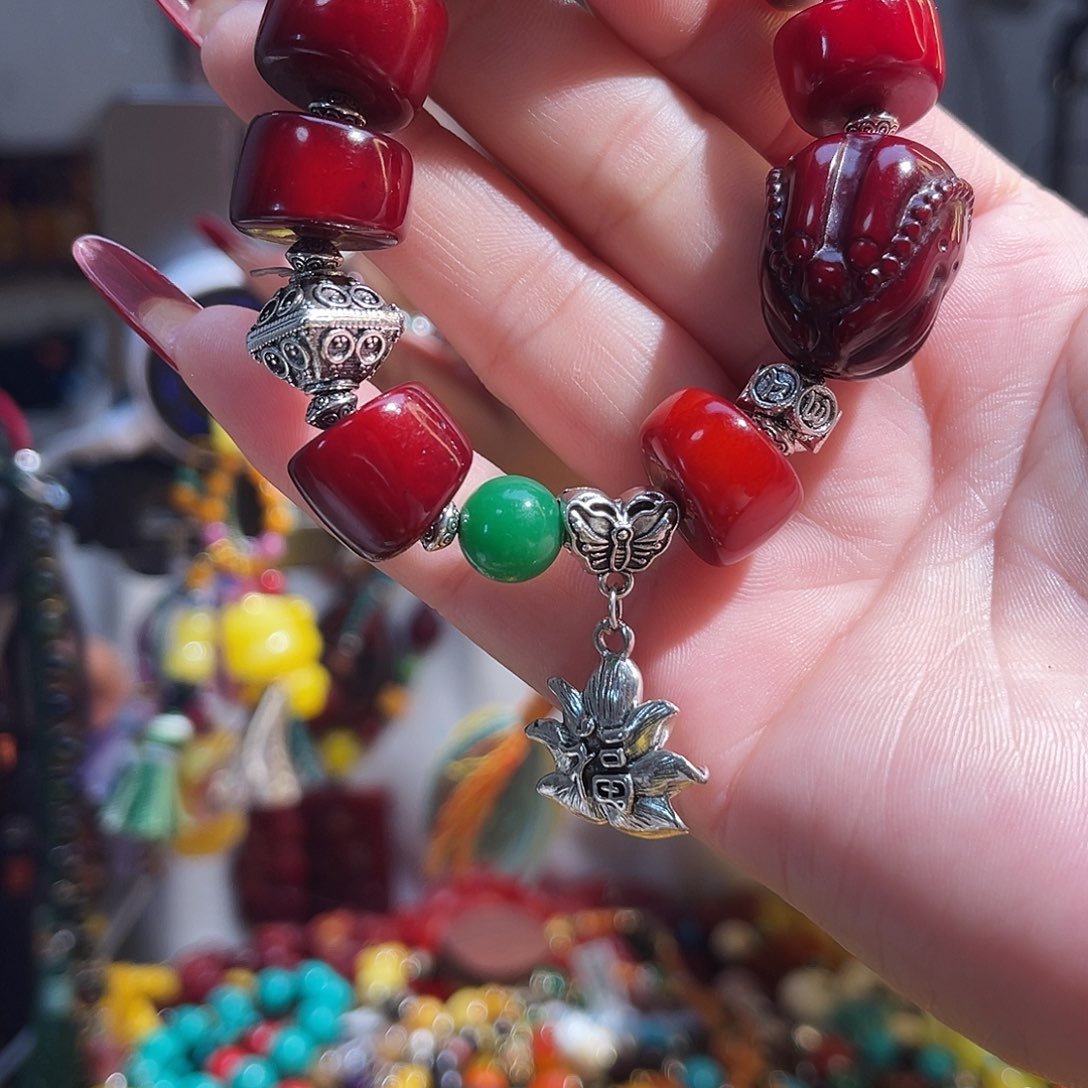 石英石纯铜复古红手链