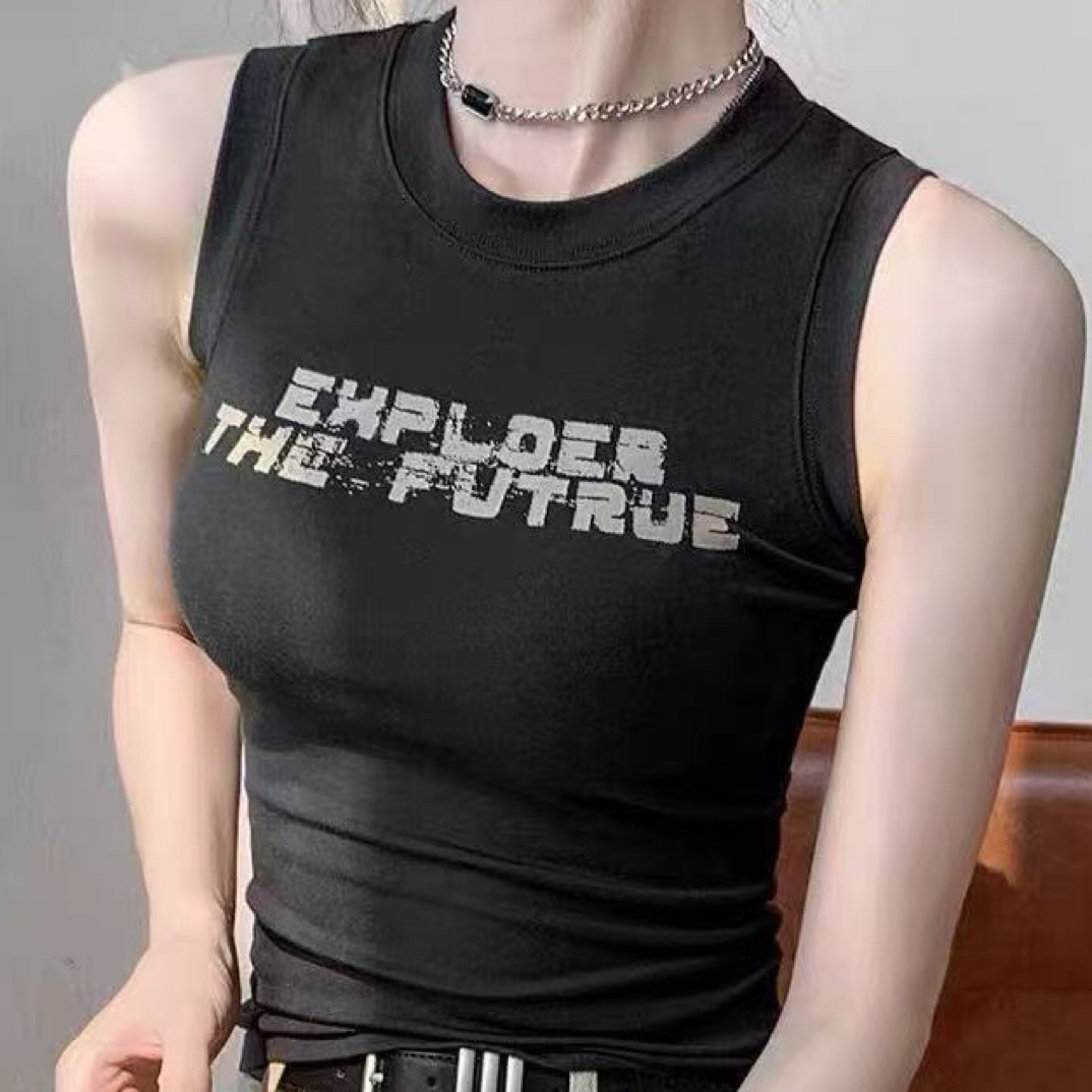 5566大码女款修身遮副乳字母印花无袖背心外穿内搭上衣