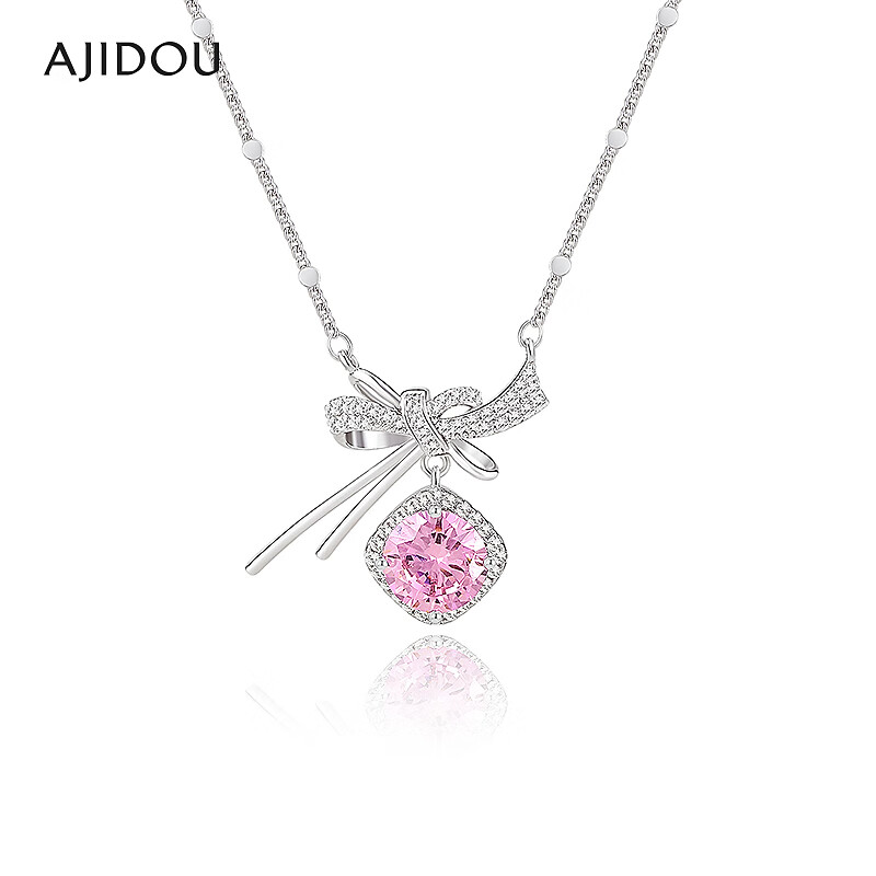 铜合金合成锆石项链 AJIDOU阿吉豆项链女款蝴蝶结粉色锆石吊坠