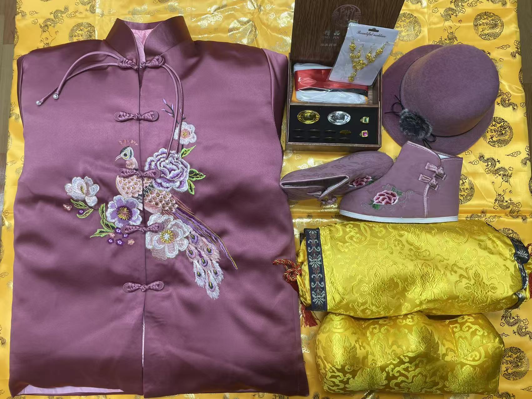 高级定制国风刺绣凤穿牡丹七件套