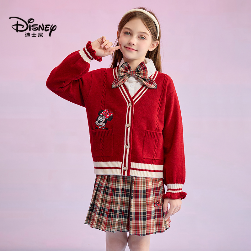 Disney/迪士尼新款女童长袖针织衫复古学院风JK短裙衬衫三件套装