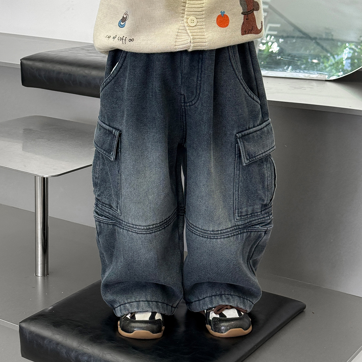 冬装儿童韩版时尚两侧大口袋加绒加厚保暖工装牛仔裤CC1231-LC1